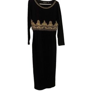 Vintage Carole Little Women's M Black Gold Beaded Wool blend Dress long sleeve
